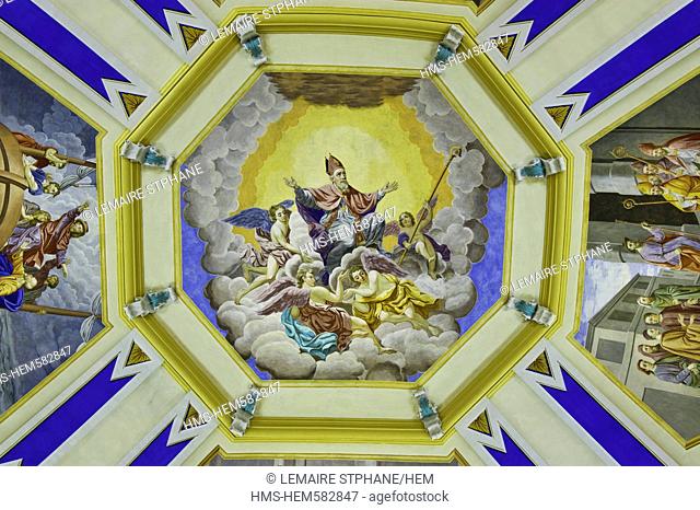 France, Haute Savoie, St Nicolas de Veroce, Les sentiers du baroque, St Nicolas de Veroce church, roof painting