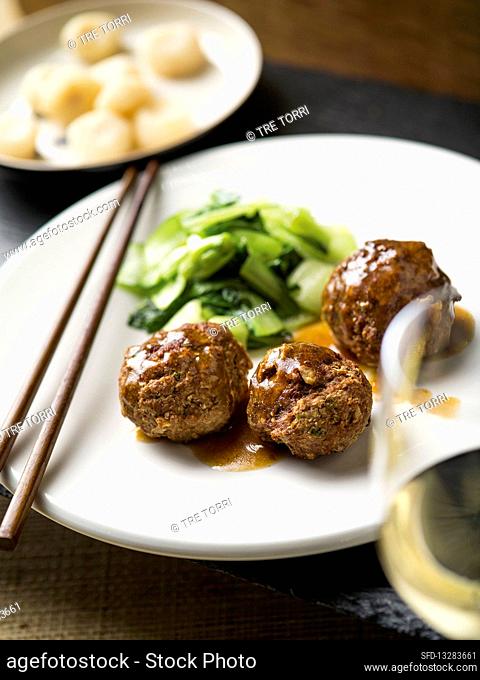 Chinese meatballs with bok choy and water chestnuts