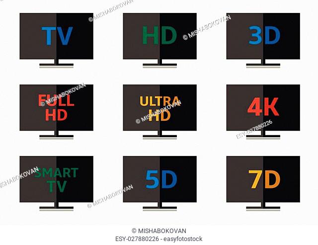 TV icon set. 3D Full HD Ultra HD 4K Smart TV 5D 7D formats