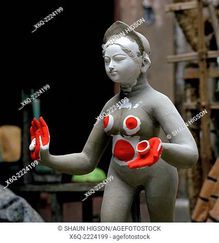 Hindu idols in Kumartuli or Kumortoli the potters' district in Calcutta Kolkata in West Bengal in India in South Asia