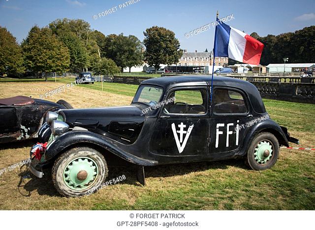 THE FFI'S FRONT-WHEEL DRIVE 'TRACTION AVANT' DURING THE WAR, 80 YEARS OF THE FRONT-WHEEL DRIVE 'TRACTION AVANT', LEGENDARY CAR IN THE PARK OF THE CHATEAU...