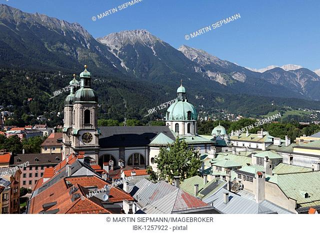Historic city centre of Innsbruck with the Cathedral and Northern Karwendel Range, view from City Tower, Tyrol, Austria, Europe