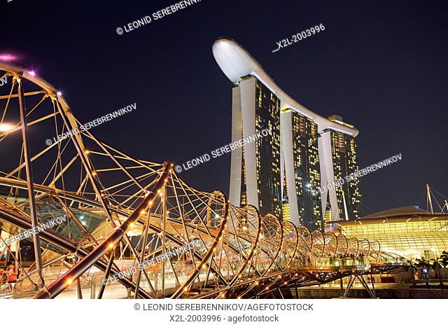 Helix Bridge and Marina Bay Sands Hotel at night, Singapore