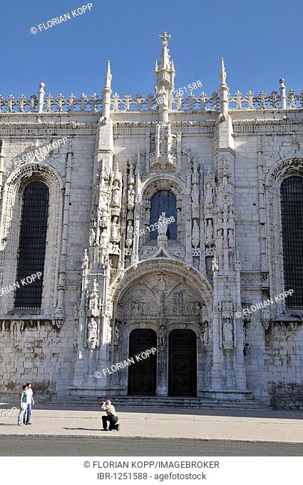 Façade and entrance of the Hieronymites Monastery, Mosteiro dos Jeronimos, UNESCO World Heritage Site, Manueline style, Portuguese late-Gothic, Belem, Lisbon