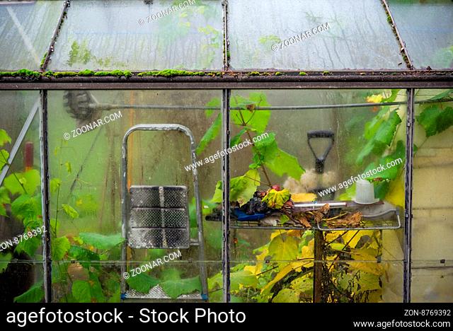 Small greenhouse with tools in the autumn
