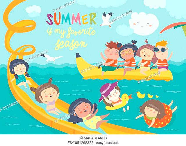 Vector design of kids playing and enjoying at waterpark in summer vacation