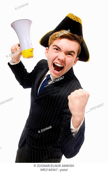 Young man in costume with pirate hat and megaphone isolated on w