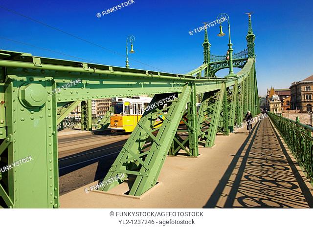 Trams on the Liberty or Freedom Bridge Szabadság híd,  Budapest, Hungary