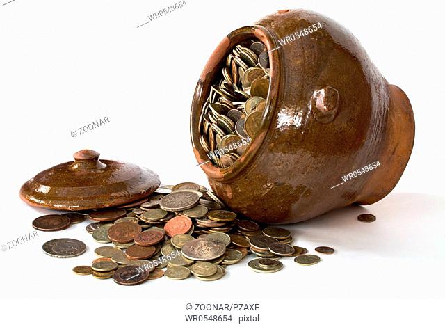 Clay pot with antique coins and lid
