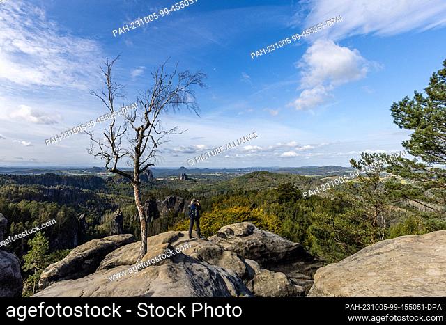 05 October 2023, Saxony, Schmilka: A man stands on the Carolafelsen in the national park ""Saxon Switzerland"" and looks into the distance