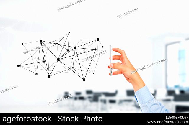Close up businessman hand using smart phone and connection lines as concept. 3d rendering