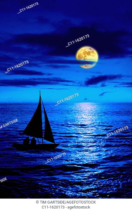 full moon over blue sea at night with sail boat