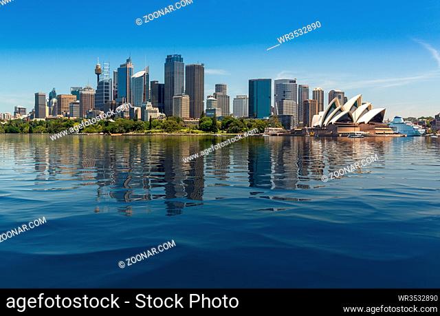 Dramatic widescreen panoramic image of the city of Sydney from Taronga Zoo with artificial water in the harbour