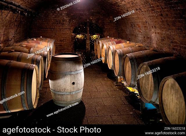 Wine in wooden barrels is stored. Wine vintage cellar