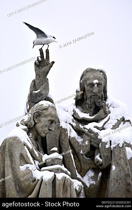 A seagull on the sculpture of St Cyril and Methodius on the Charles Bridge in Prague, Czech Republic, December 2, 2023. (CTK Photo/Jana Zaoralkova)