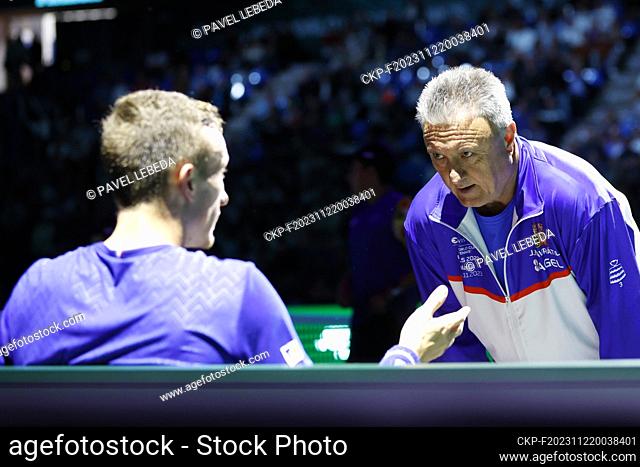 Czech non-playing captain Jaroslav Navratil, right, talks to Czech tennis player Jiri Lehecka during the final group match of the men's Davis Cup 2023 World...