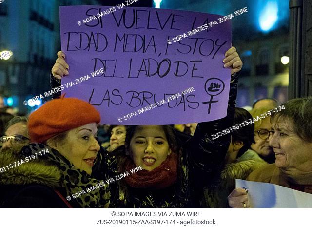 January 15, 2019 - Madrid, Spain - Feminist seen carrying a placard that says, If the Middle Ages come back, I'm on the side of the witches during the protest
