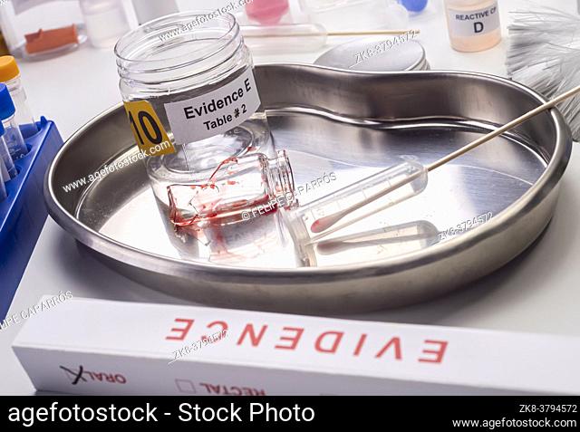 Blood-stained glass sample in an evidence jar, concept image