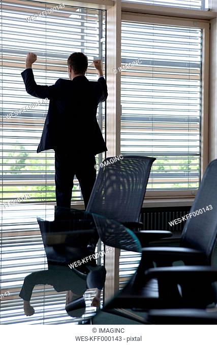 Cheering businessman in office at the window