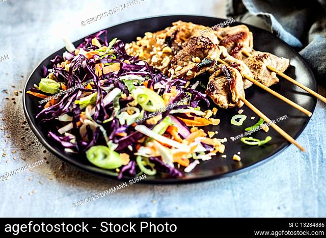 Sate skewers with peanut sauce and red cabbage salad in Thai style