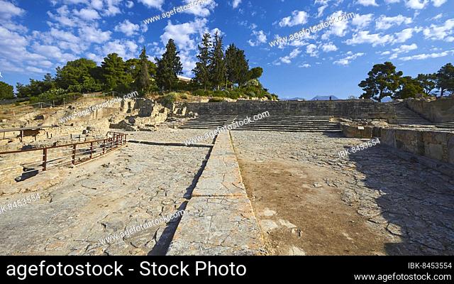 Morning light, blue sky, white clouds, open staircase, paved path, trees, Minoan Palace of Festos, Messara Plain, Central Crete, Crete Island, Greece, Europe
