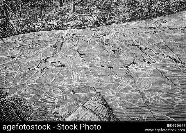 Hieroglyphs in the canyon of the Yuba River in 1880, Native American origin, Northern California, USA, digitally restored reproduction of a 19th century...