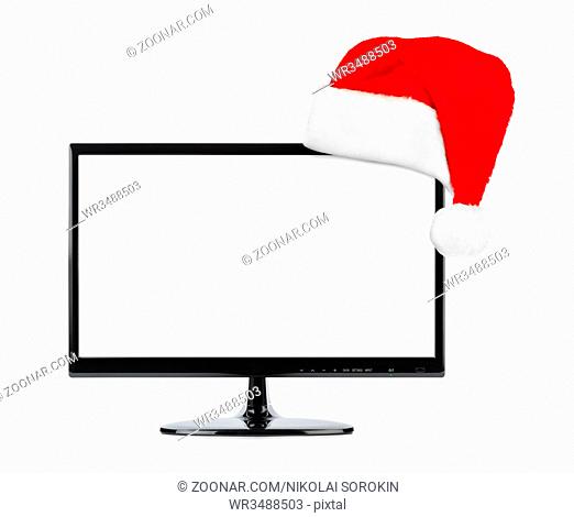 TV and Santa Claus red christmas hat isolated on white background