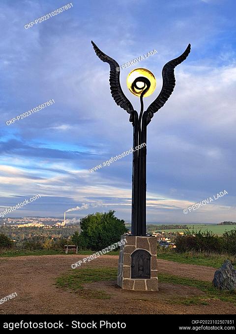 A forged sculpture of the Wings of Hope at the Koterov scenic viewpoint above Pilsen, Czech Republic, pictured on October 25, 2023