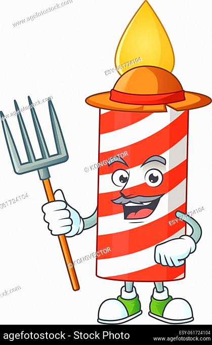 Caricature picture of Farmer candle with hat and pitchfork. Vector illustration