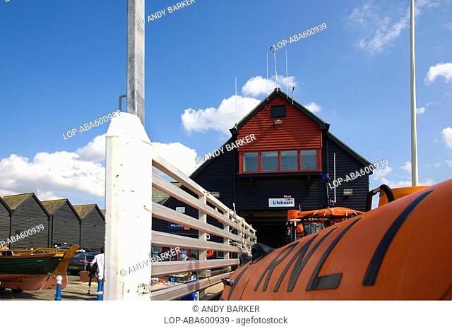 England, Kent, Whitstable, The RNLI lifeboat in front of the life boat building in Whitstable