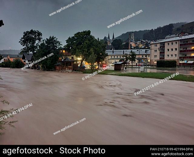 17 July 2021, Bavaria, Berchtesgaden: View of the Berchtesgadener Ache. The district of Berchtesgadener Land has declared a disaster situation after heavy rain...