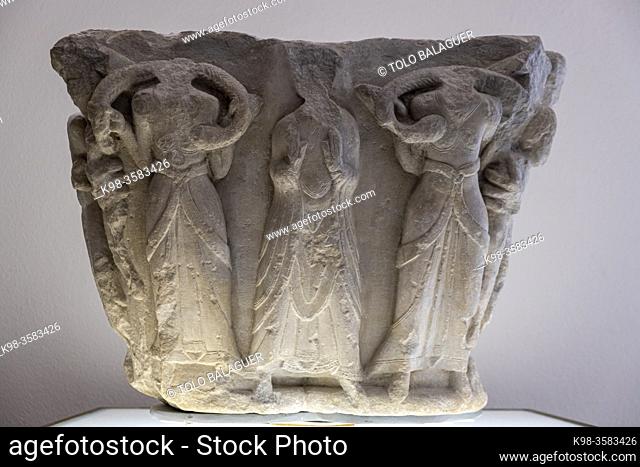 capital, used as a ceremonial mortar, carved stone, 12th century, from the cathedral of San Pedro de Jaca, Diocesan Museum of Jaca, Huesca, Spain