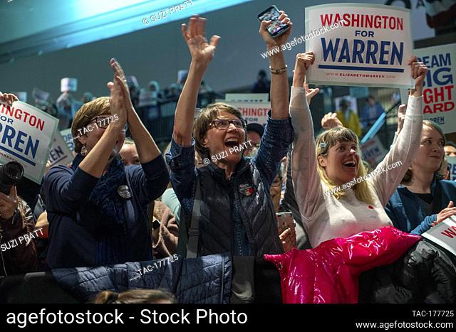 Attendees at a campaign rally for Senator Elizabeth Warren at a campaign rally at the Seattle Center on February 22, 2020 in Seattle, Washington