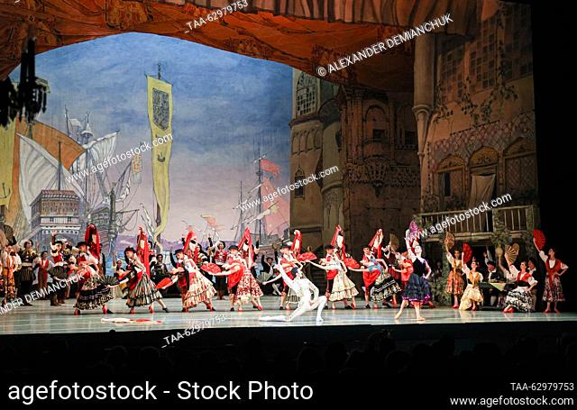 RUSSIA, ST PETERSBURG - SEPTEMBER 23, 2023: Artists perform in a scene from a production of the Don Quixote ballet based on Miguel de Cervantes’ novel staged by...