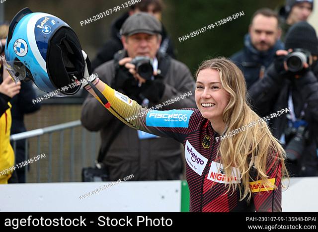 07 January 2023, North Rhine-Westphalia, Winterberg: Bobsleigh: World Cup, monobob, women, 2nd run: Laura Nolte from Germany is happy after her victory