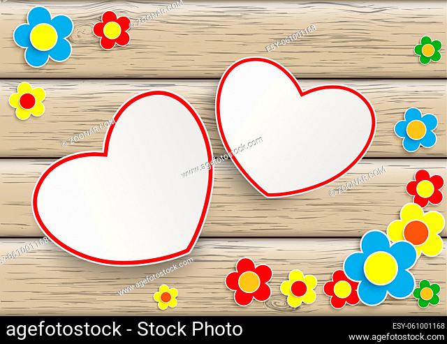 Flowers with hearts on the wooden background. Eps 10 vector file