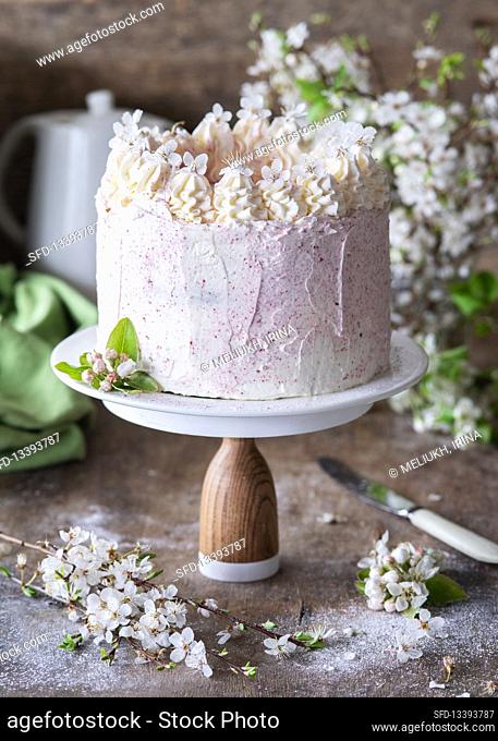 Spring blossom cake with dried raspberry and buttercream