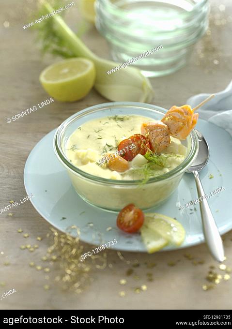 Parsnip soup with fennel and salmon skewers