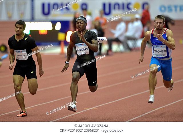 L-R Bryce Robinson (USA), Mike Rodgers (USA and Zdenek Stromsik (CZE) compete in the men's 60 m race within the Czech Indoor Gala