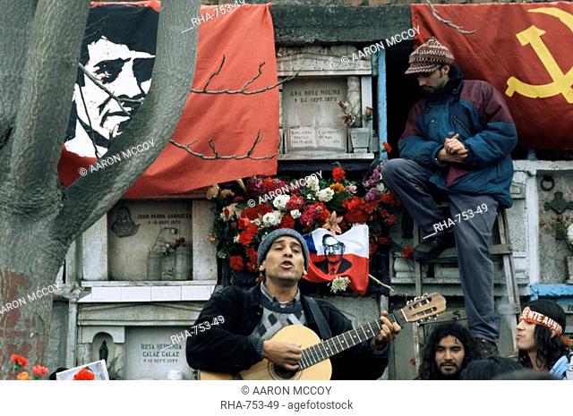 Guitarist plays Victor Jara songs at his grave on 11th de Septiembre, remembering Victor Jara whose hands were cut off in the National Stadium and who was then...