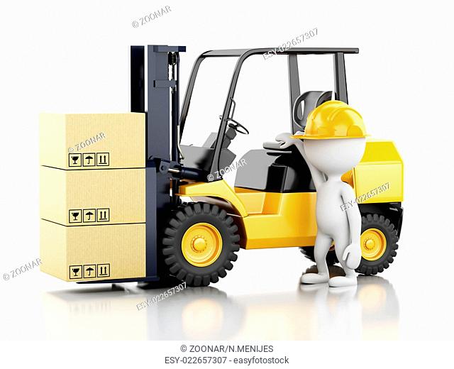 3d white people with a forklift and boxes