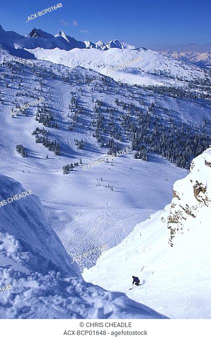 skier drops in, East Kootenays, Golden, Kicking Horse resort, British Columbia, Canada