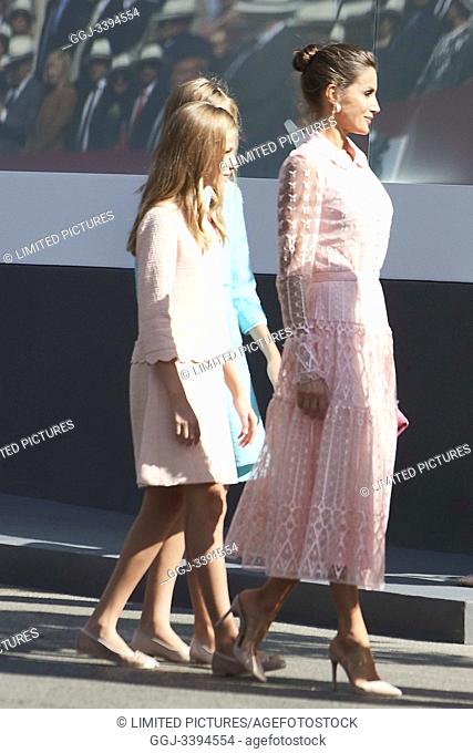 Crown Princess Leonor, Princess Sofia, Queen Letizia of Spain attends National Day military parade on October 12, 2019 in Madrid, Spain