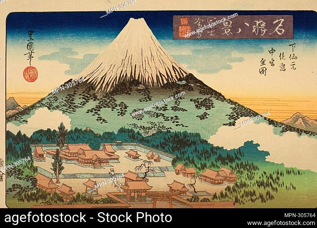 Author: Utagawa Toyoshige (Toyokuni II). Evening Snow on Mount Fuji, Complete View of the Inner and Middle Shrines at Shimo Sengen (Fuji bosetsu
