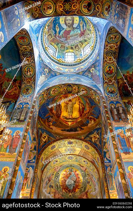 Frescoes, murals and paintings inside historic Church of the Savior on Blood, me St. Petersburg, Russia