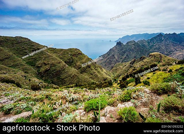 Hiking trip in the Anaga Mountains near Taborno on Tenerife Island with a lot of wide views over the sea and the mountains