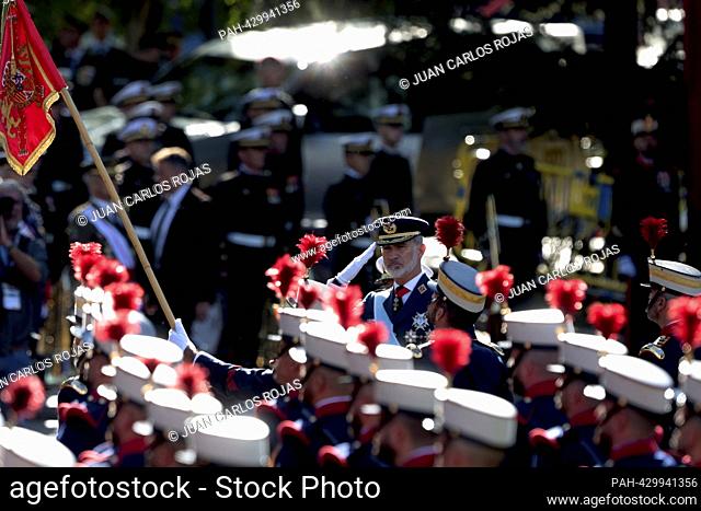 Madrid Spain; 10/12/2023.- King Felipe VI, Queen Letizia and her daughter Leonor de Borbón Princess of Asturias, preside over the military parade on the...