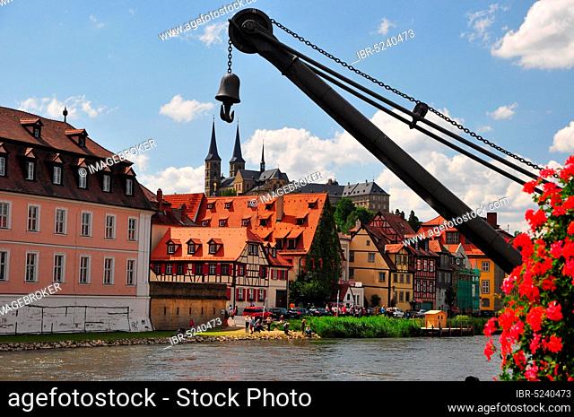 Half-timbered house, Regnitz, cathedral, crane, Bamberg, bishop's town, Upper Franconia, Germany, Europe