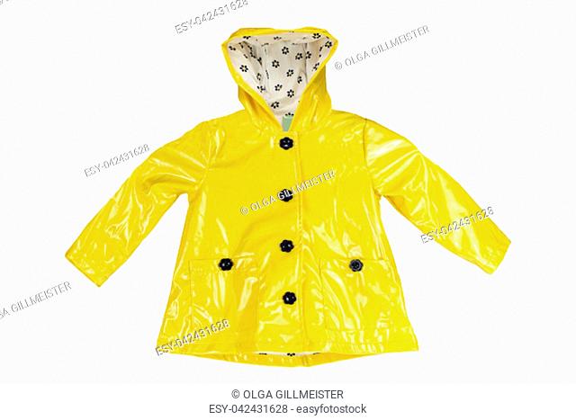 Rain jacket. Girls elegant yellow rain jacket isolated on a white background. Fashion for rain season