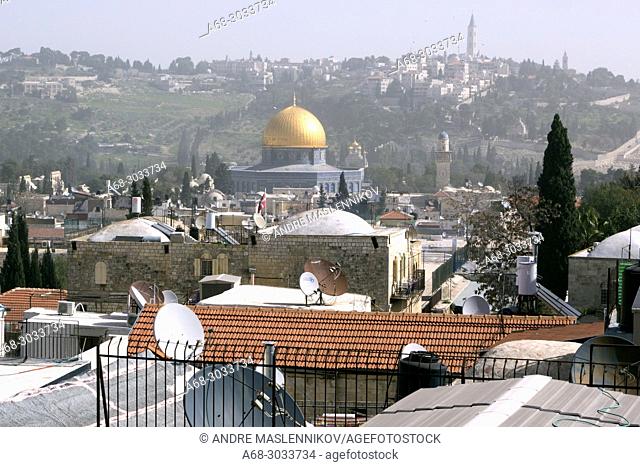 The Dome of the Rock is an Islamic shrine located on the Temple Mount in the Old City of Jerusalem. As seen from Bilda, the Swedish Christian Study Centre roof...